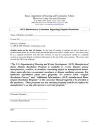 Document preview: MHD Form 1078 Hud Disclosure to Consumer Regarding Dispute Resolution - Texas