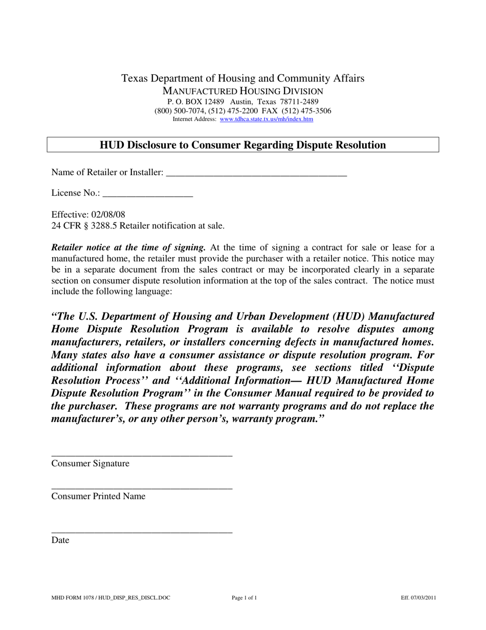 MHD Form 1078 Hud Disclosure to Consumer Regarding Dispute Resolution - Texas, Page 1