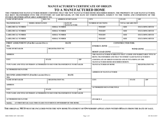 Document preview: MHD Form 1029 Manufacturer's Certificate of Origin to a Manufactured Home - Texas