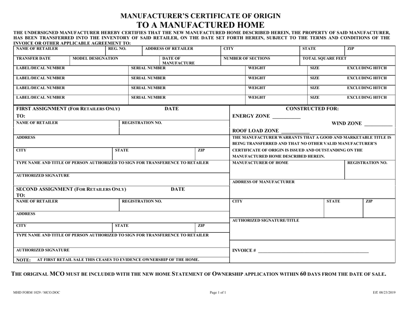 MHD Form 1029 Manufacturer's Certificate of Origin to a Manufactured Home - Texas