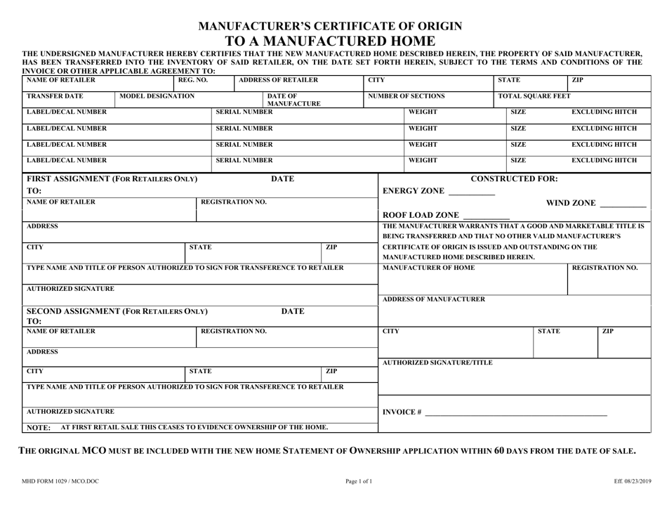 MHD Form 1029 Manufacturers Certificate of Origin to a Manufactured Home - Texas, Page 1
