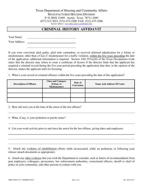 MHD Form 1031 Criminal History Affidavit - Texas