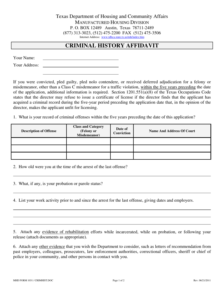 MHD Form 1031 Criminal History Affidavit - Texas, Page 1
