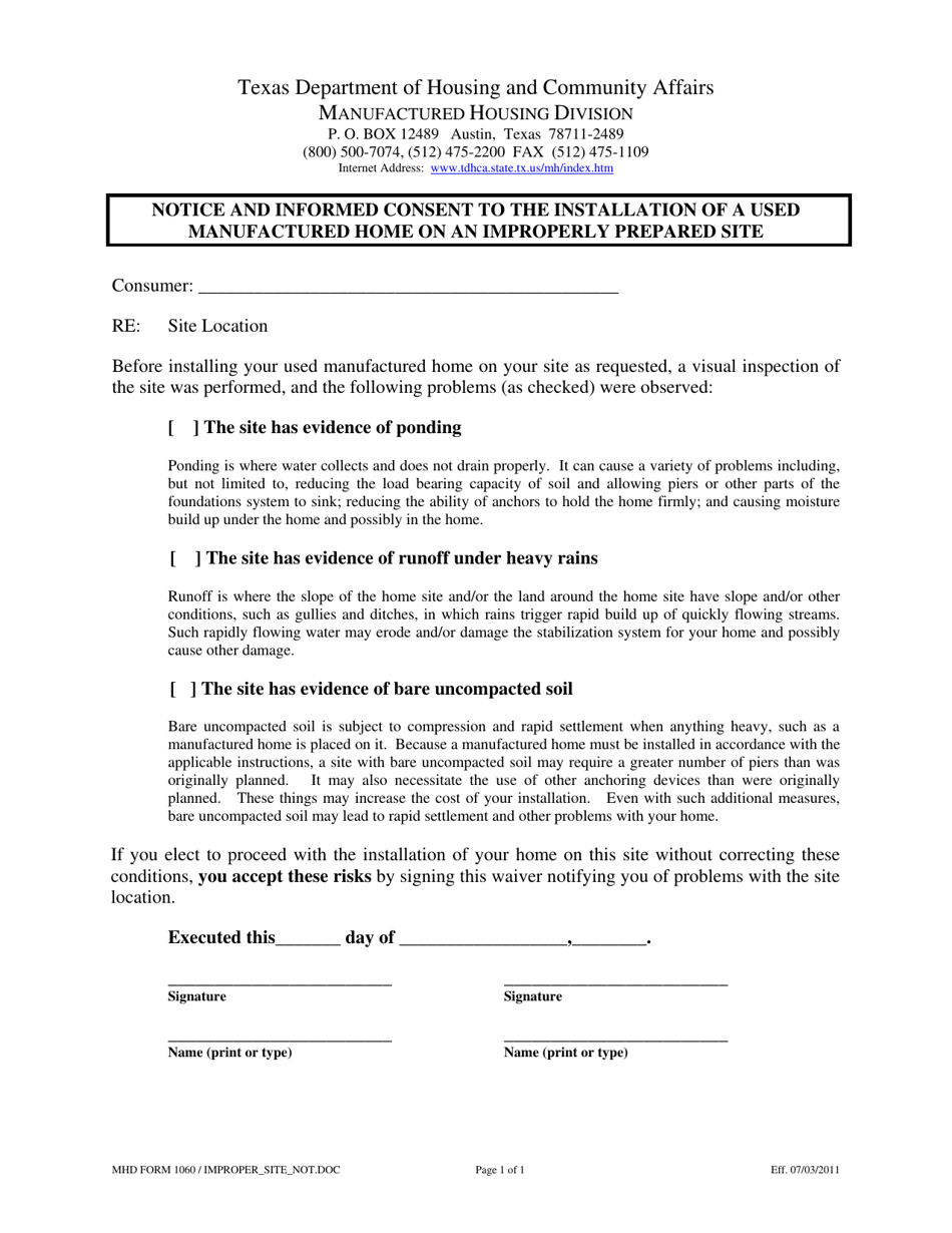MHD Form 1060 Notice and Informed Consent to the Installation of a Used Manufactured Home on an Improperly Prepared Site - Texas, Page 1
