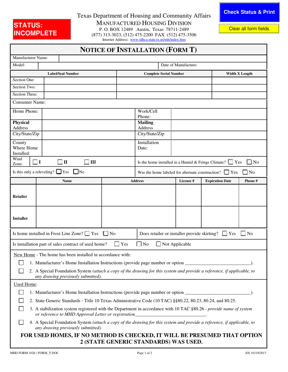 Form T (MHD Form 1026) Notice of Installation - Texas, Page 1