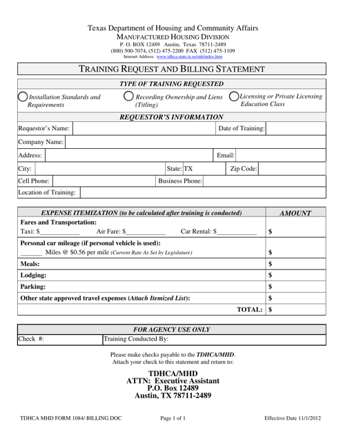 MHD Form 1084 Training Request and Billing Statement - Texas