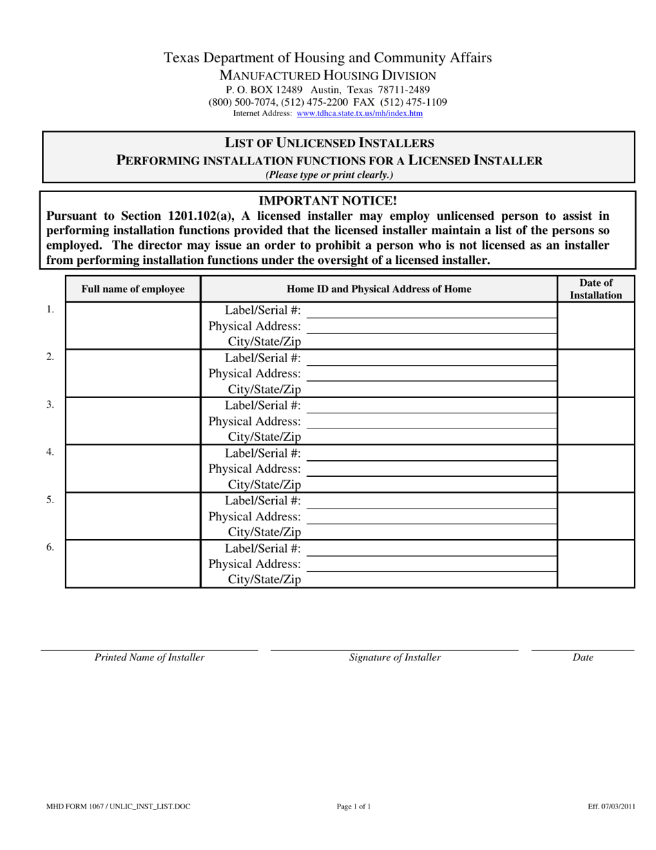 MHD Form 1067 List of Unlicensed Installers Performing Installation Functions for a Licensed Installer - Texas, Page 1