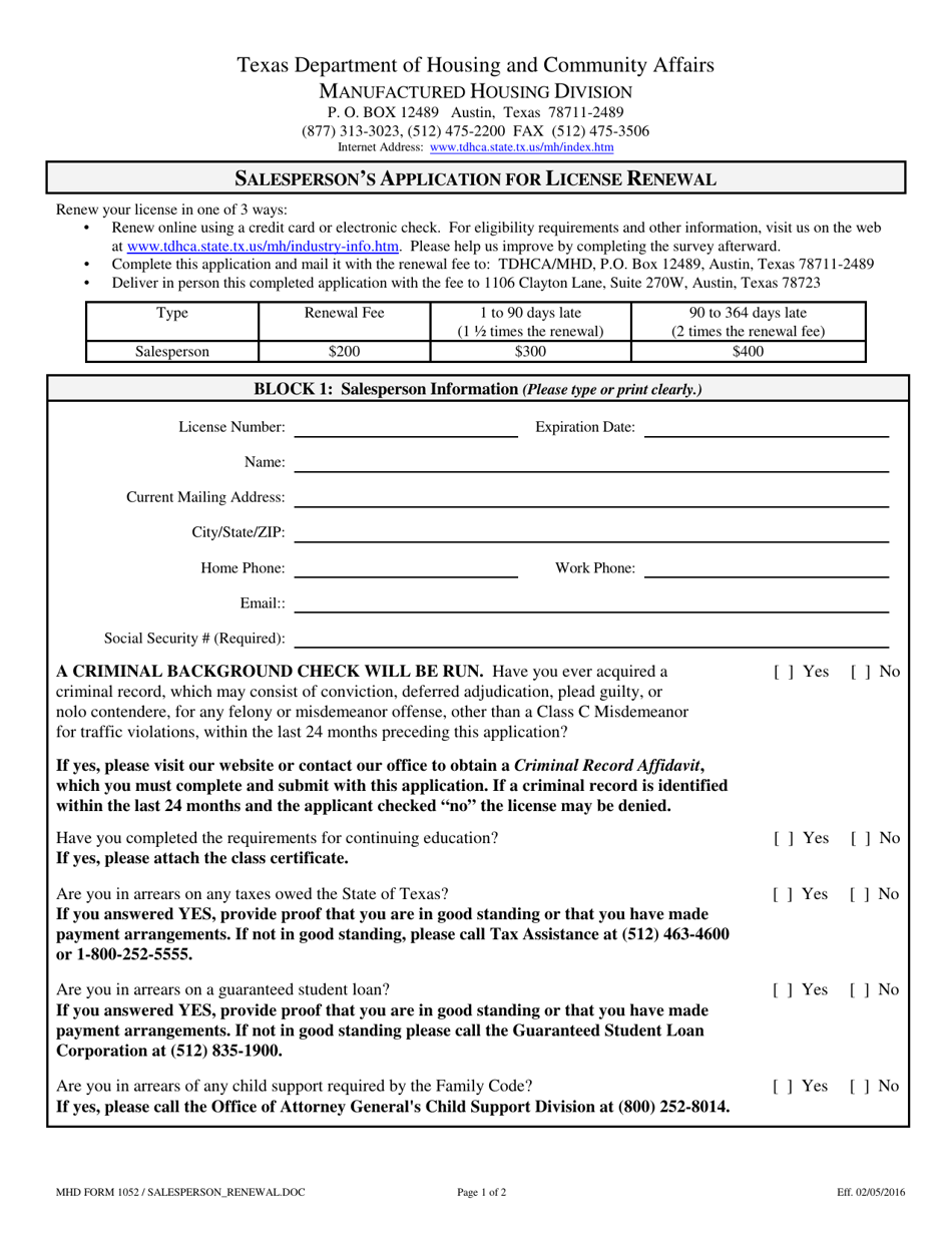 MHD Form 1052 Salespersons Application for License Renewal - Texas, Page 1