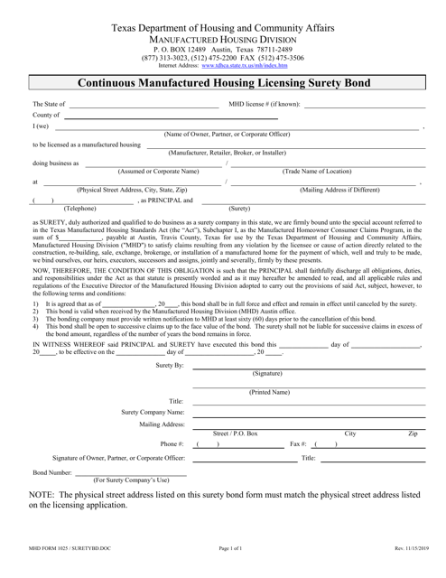 MHD Form 1025 Continuous Manufactured Housing Licensing Surety Bond - Texas