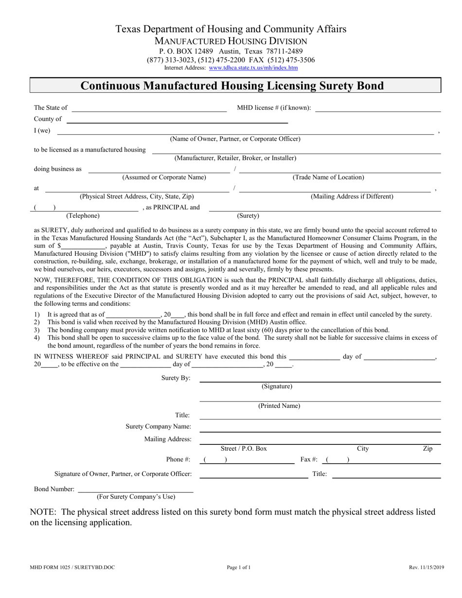 MHD Form 1025 Continuous Manufactured Housing Licensing Surety Bond - Texas, Page 1