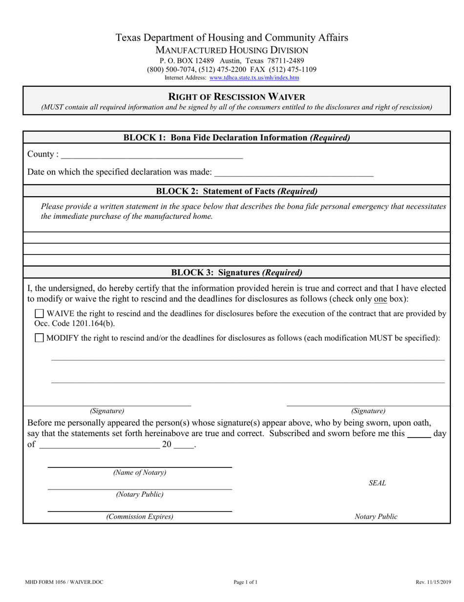 MHD Form 1056 Right of Rescission Waiver - Texas, Page 1