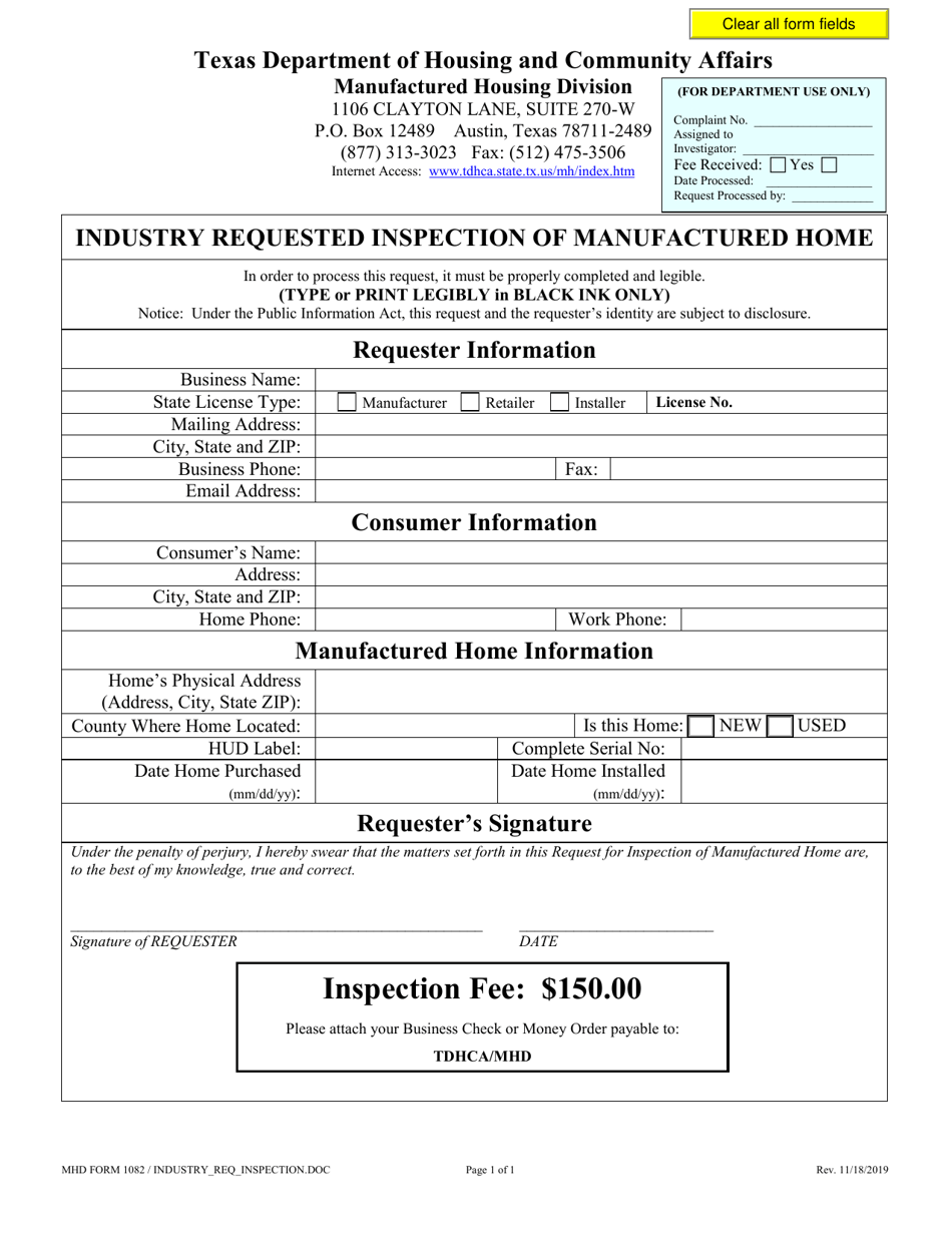 MHD Form 1082 Industry Requested Inspection of Manufactured Home - Texas, Page 1
