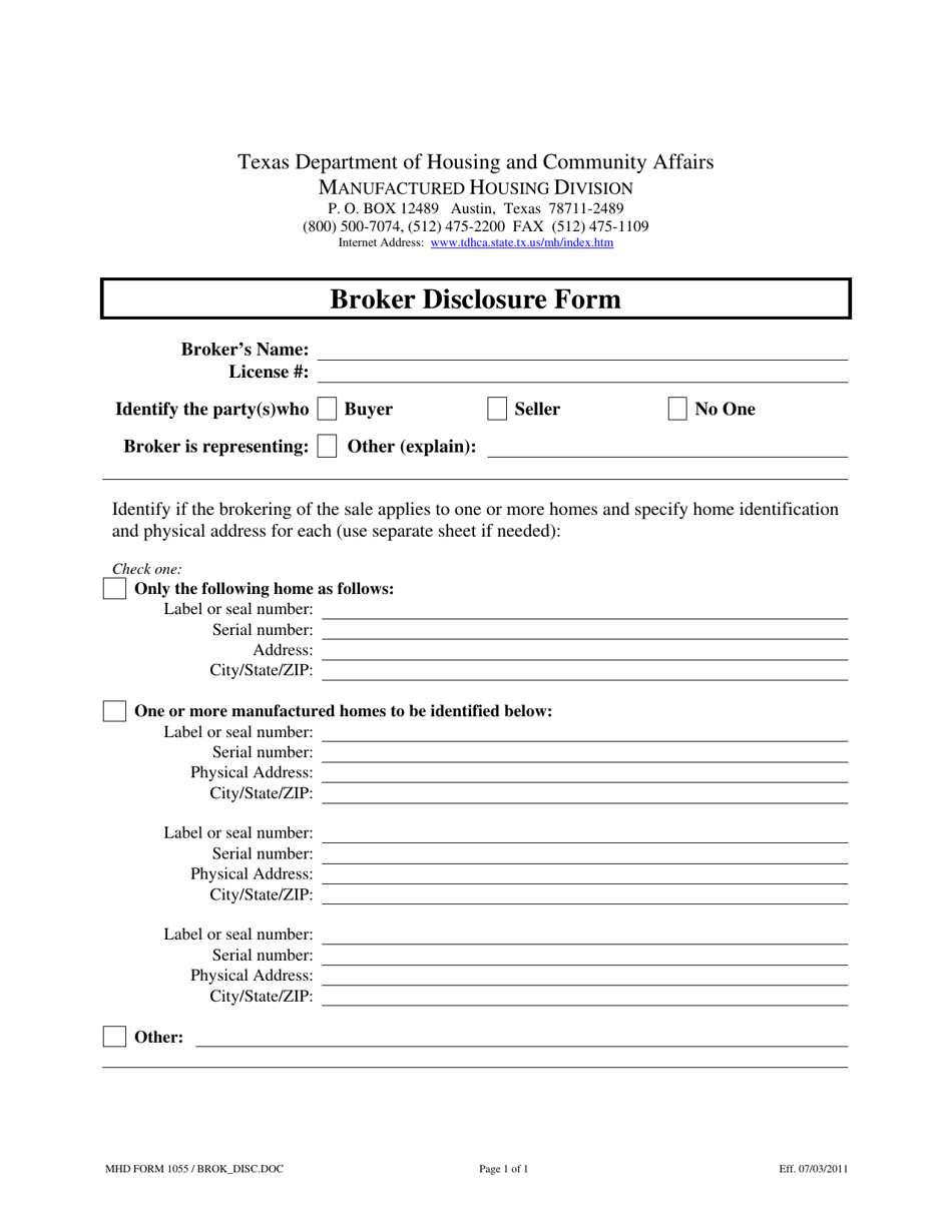 MHD Form 1055 Broker Disclosure Form - Texas, Page 1