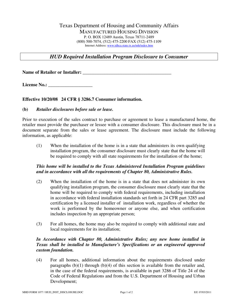 MHD Form 1077 Hud Required Installation Program Disclosure to Consumer - Texas, Page 1