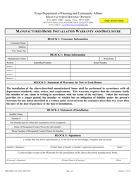 Document preview: MHD Form 1124 Manufactured Home Installation Warranty and Disclosure - Texas