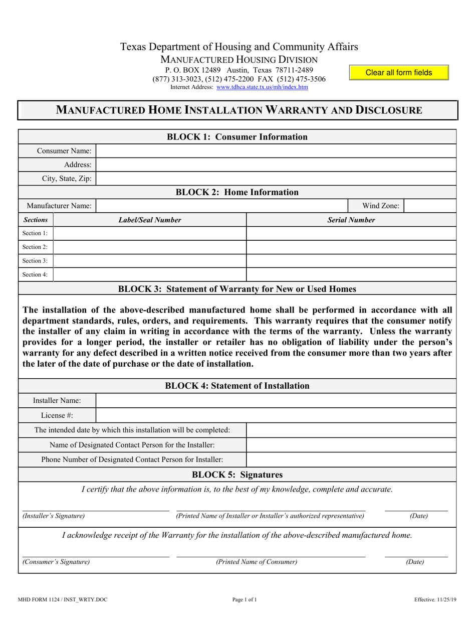 MHD Form 1124 Manufactured Home Installation Warranty and Disclosure - Texas, Page 1