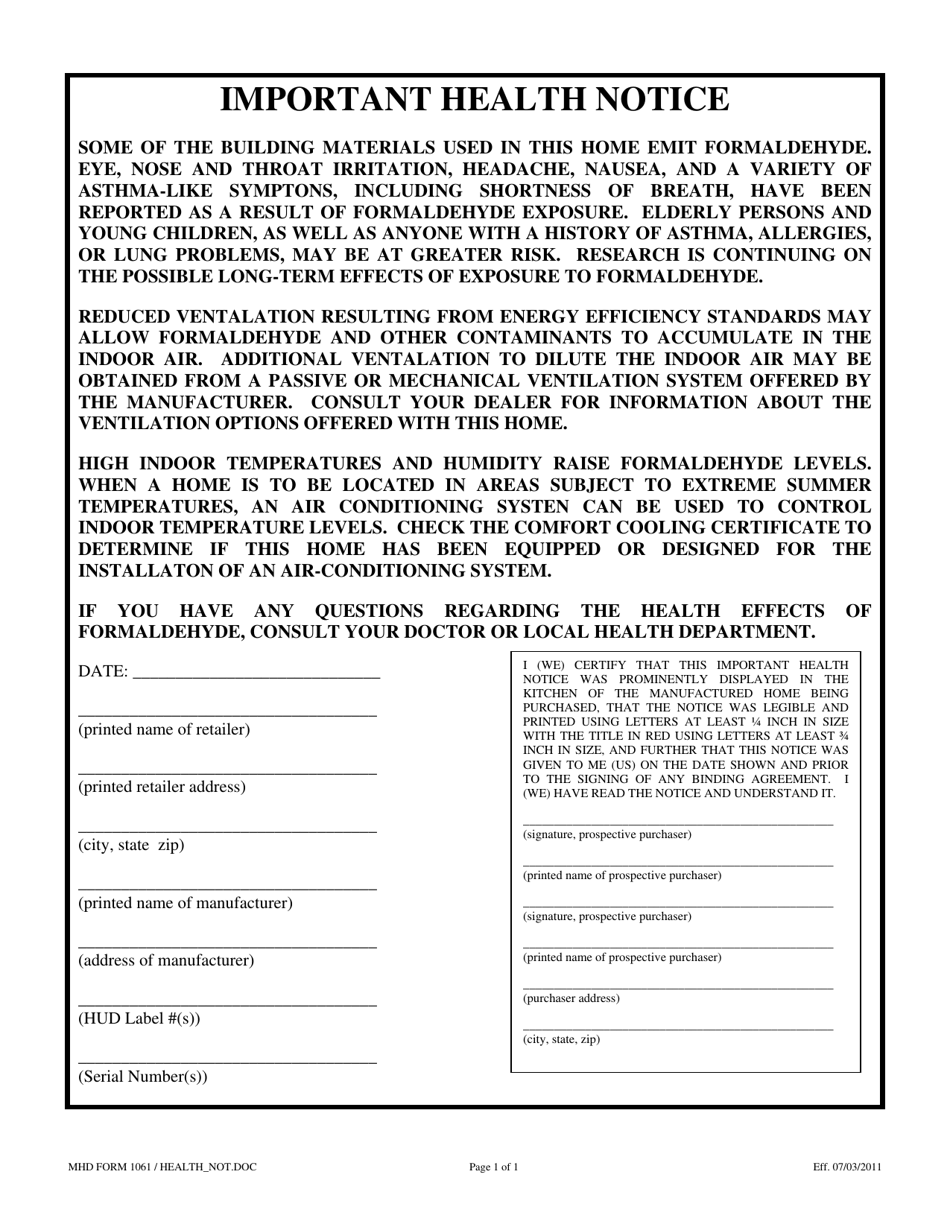 MHD Form 1061 Important Health Notice - Texas, Page 1