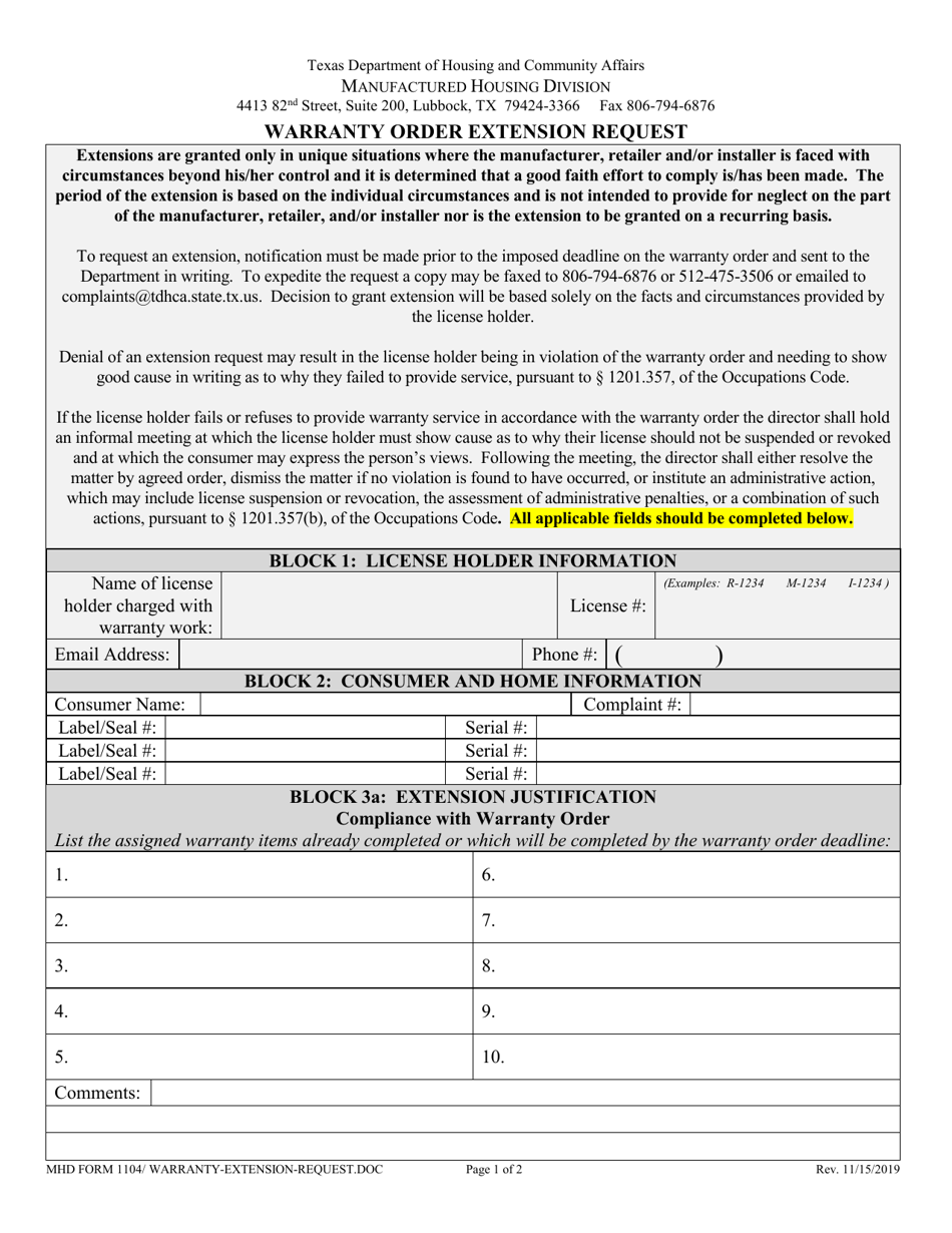 MHD Form 1104 Warranty Order Extension Request - Texas, Page 1