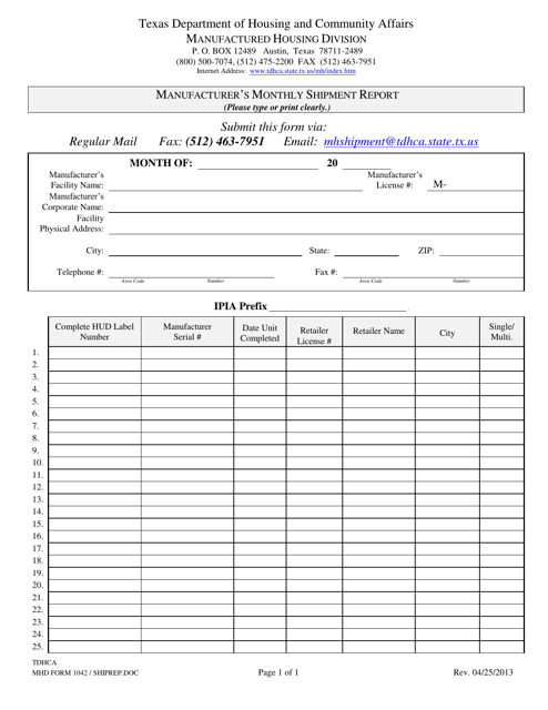 MHD Form 1042 Manufacturer's Monthly Shipment Report - Texas