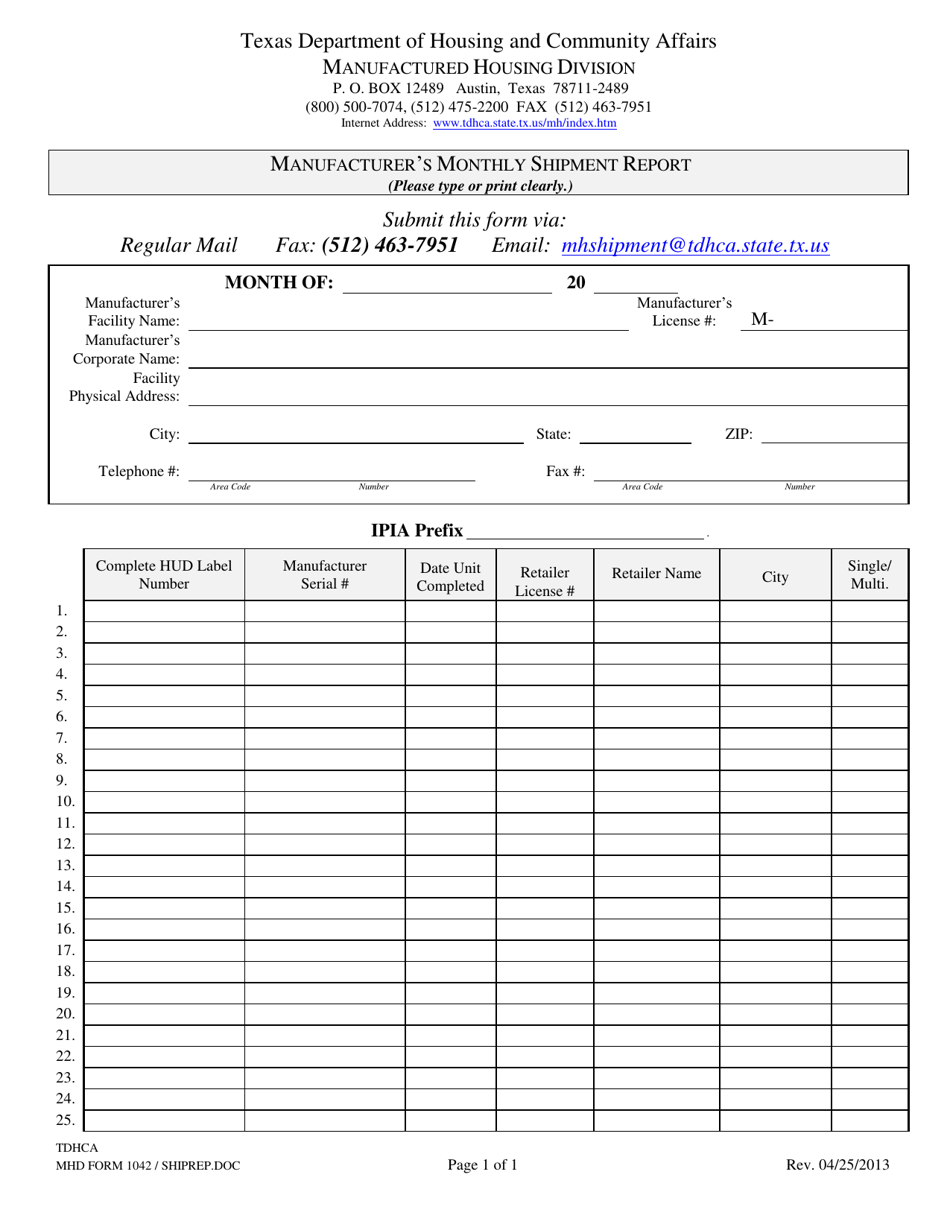 MHD Form 1042 Manufacturers Monthly Shipment Report - Texas, Page 1