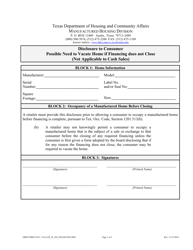 Document preview: MHD Form 1074 Disclosure to Consumer Possible Need to Vacate Home if Financing Does Not Close (Not Applicable to Cash Sales) - Texas