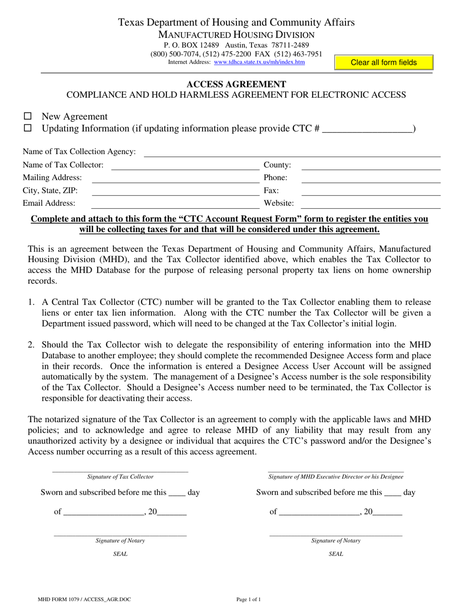 MHD Form 1079 Access Agreement - Texas, Page 1