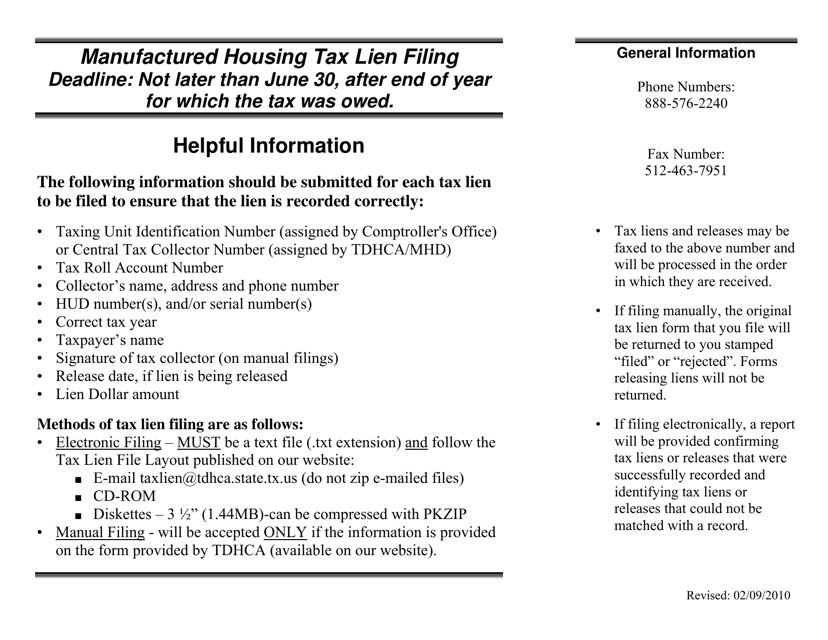 Instructions for MHD Form 1045 Notice of Tax Lien/Release - Texas
