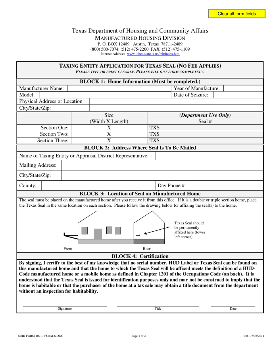 Form S (MHD Form 1021) Taxing Entity Application for Texas Seal - Texas, Page 1