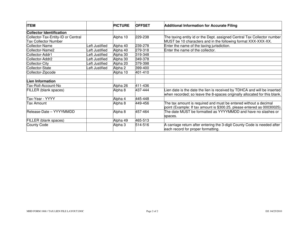 MHD Form 1068 Manufactured Housing Tax Lien Layout Example - Texas, Page 2