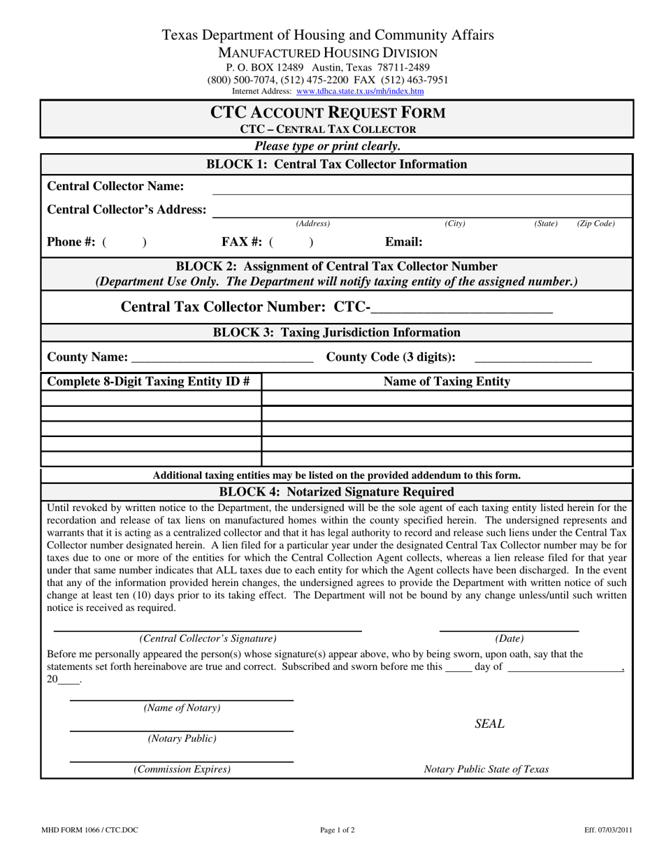 MHD Form 1066 Ctc Account Request Form - Texas, Page 1