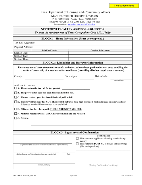 MHD Form 1076 Statement of Tax Assessor-Collector - Texas