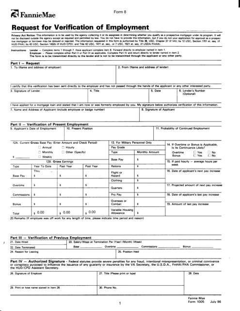 Form 8 (Fannie Mae Form 1005) Request for Verification of Employment - Texas