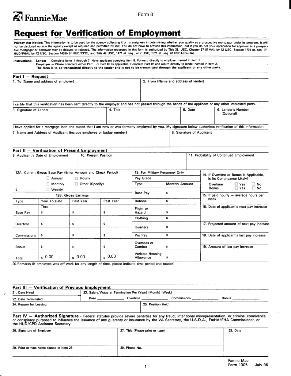 Form 8 (Fannie Mae Form 1005) Request for Verification of Employment - Texas, Page 1