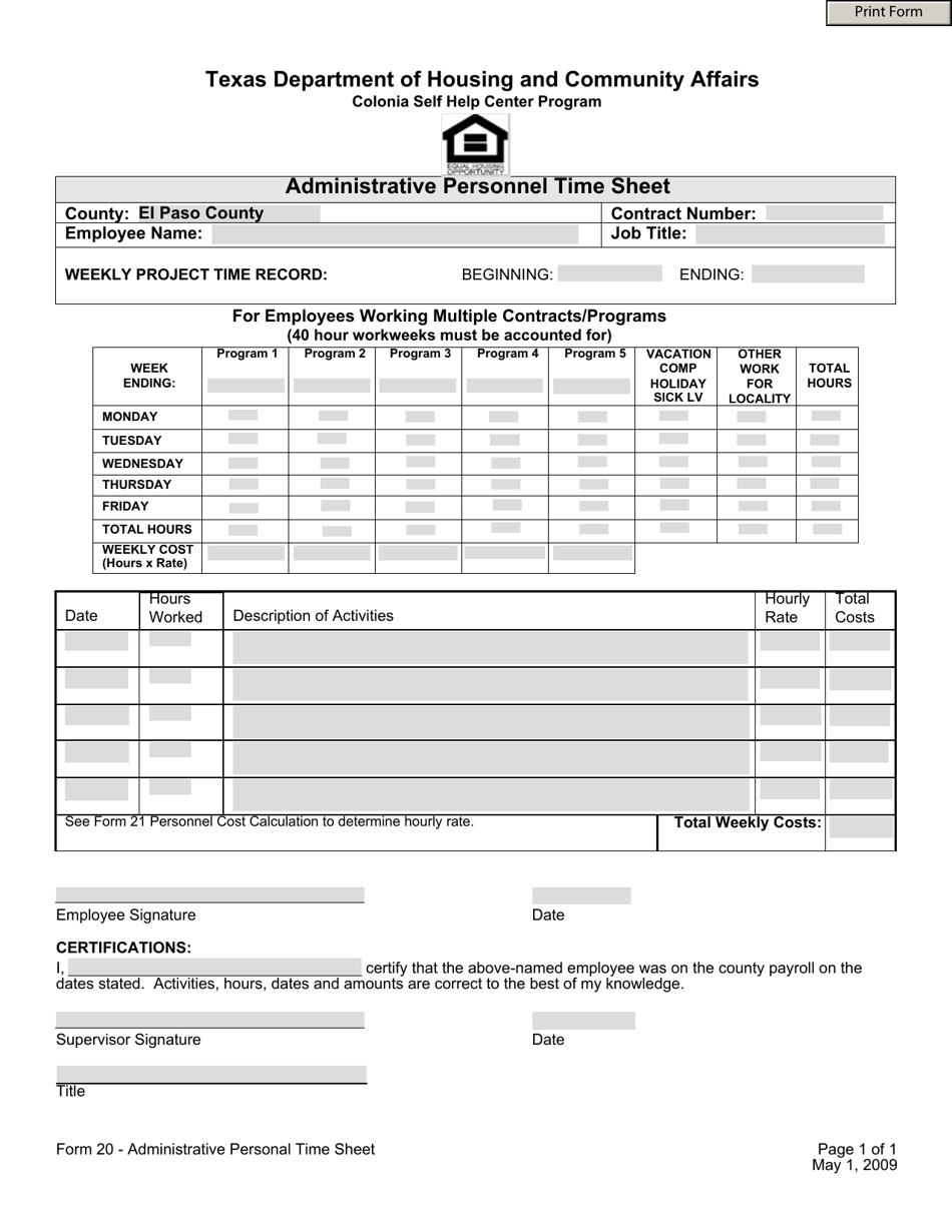 Form 20 Administrative Personnel Time Sheet - Texas, Page 1