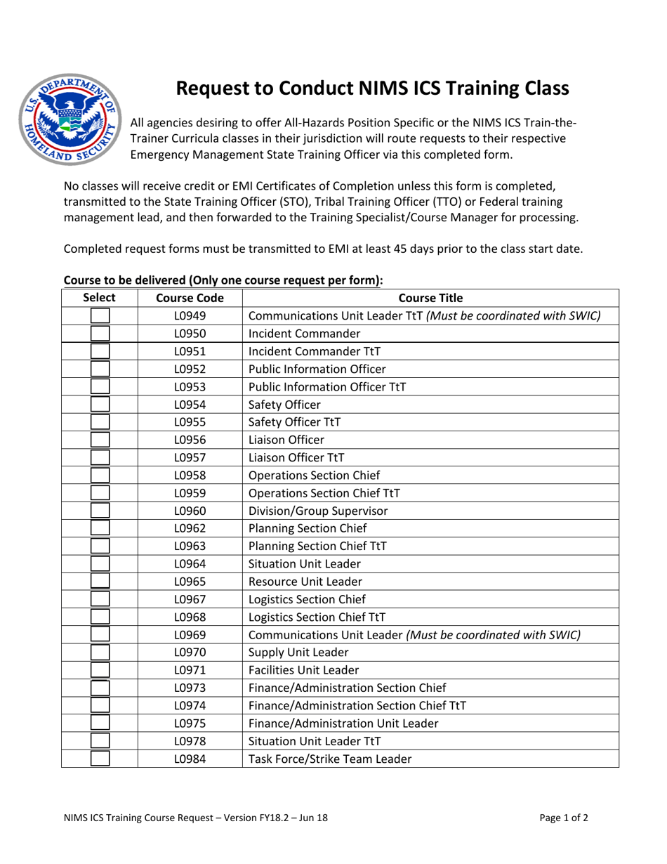 Request to Conduct Nims ICS Training Class - Nebraska, Page 1