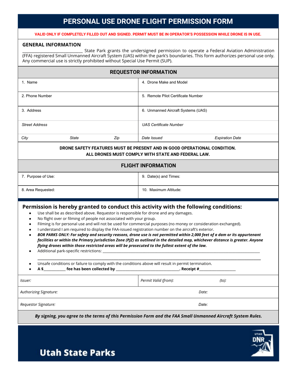 Personal Use Drone Flight Permission Form - Utah, Page 1
