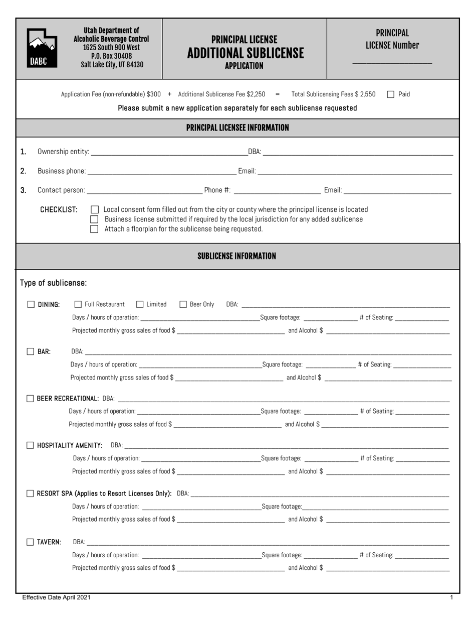 Principal License Additional Sublicense Application - Utah, Page 1