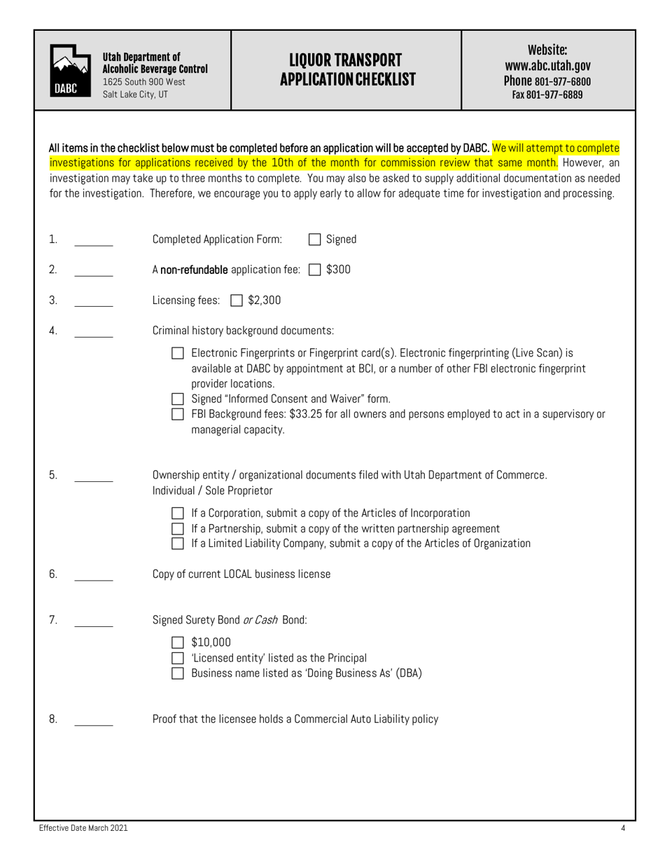 Liquor Transport License Application - Utah, Page 1