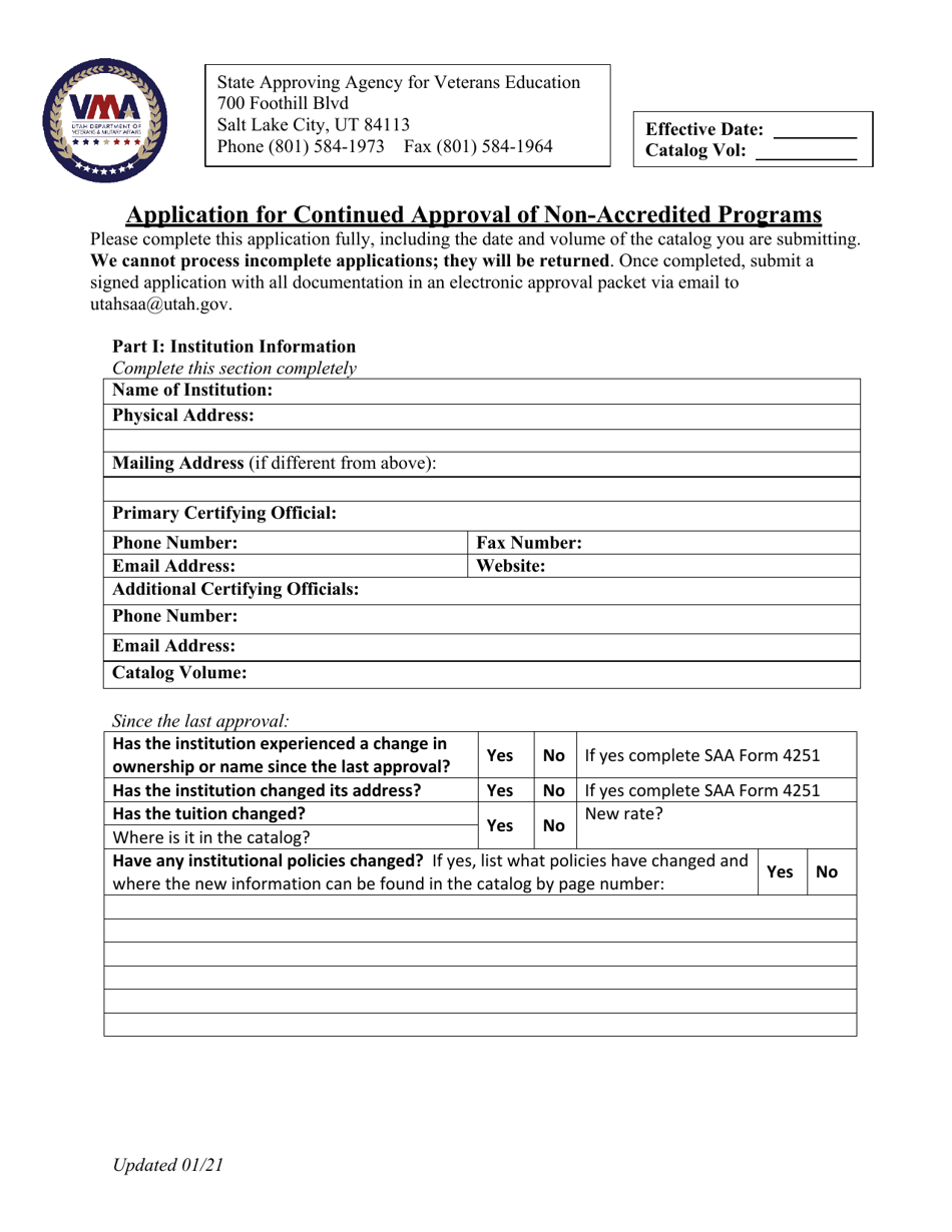 Application for Continued Approval of Non-accredited Programs - Utah, Page 1
