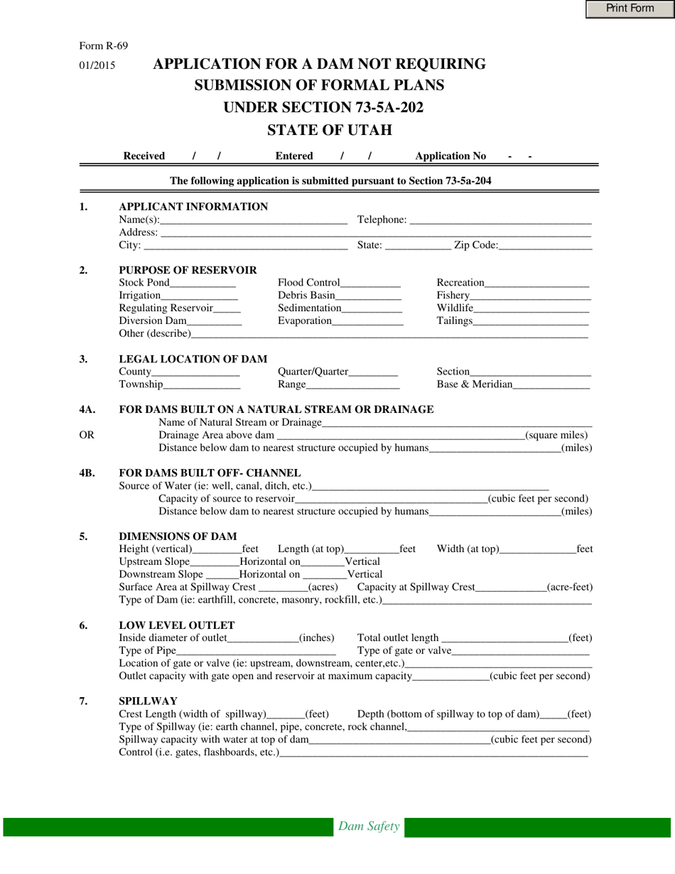 Form R-69 Application for a Dam Not Requiring Submission of Formal Plans Under Section 73-5a-202 - Utah, Page 1