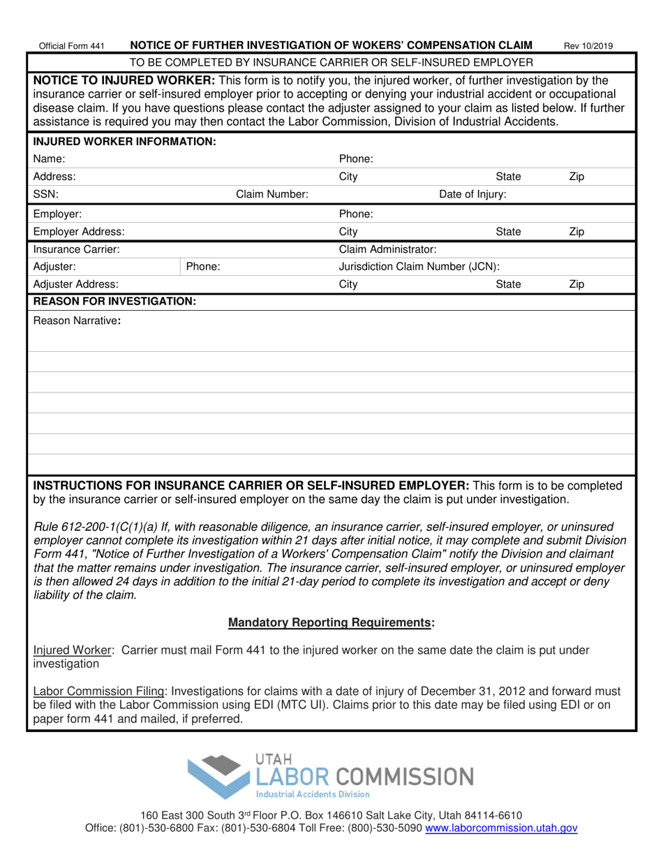 Official Form 441 Notice of Further Investigation of Wokers Compensation Claim - Utah, Page 1