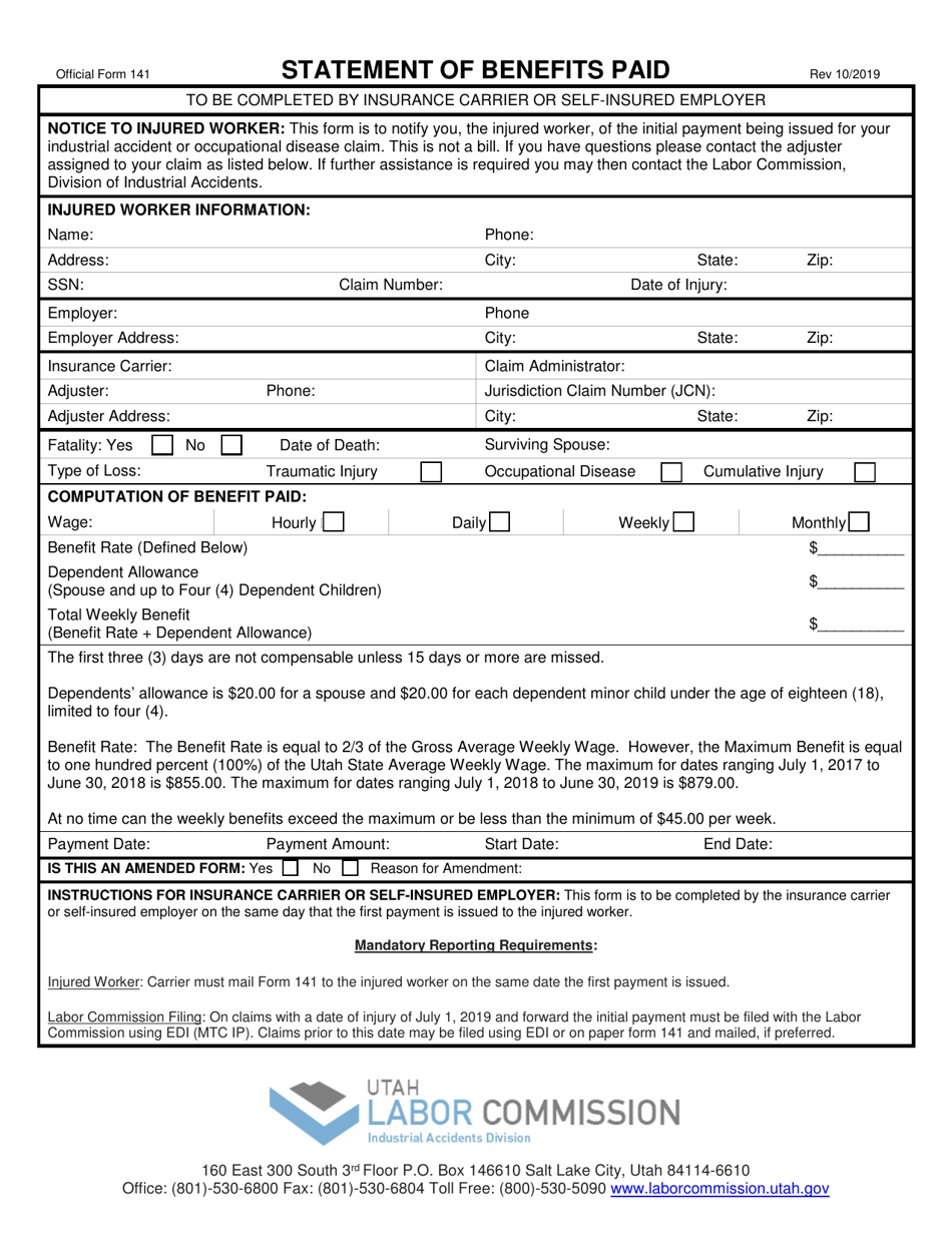 Official Form 141 Statement of Benefits Paid - Utah, Page 1