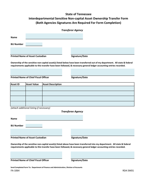Form FA-1064 Interdepartmental Sensitive Non-capital Asset Ownership Transfer Form - Tennessee