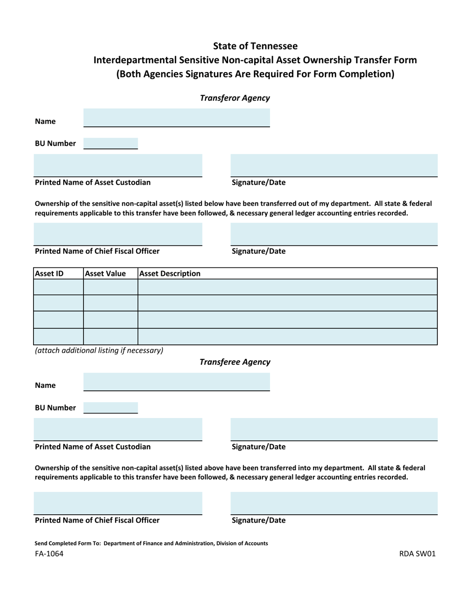 Form FA-1064 Interdepartmental Sensitive Non-capital Asset Ownership Transfer Form - Tennessee, Page 1