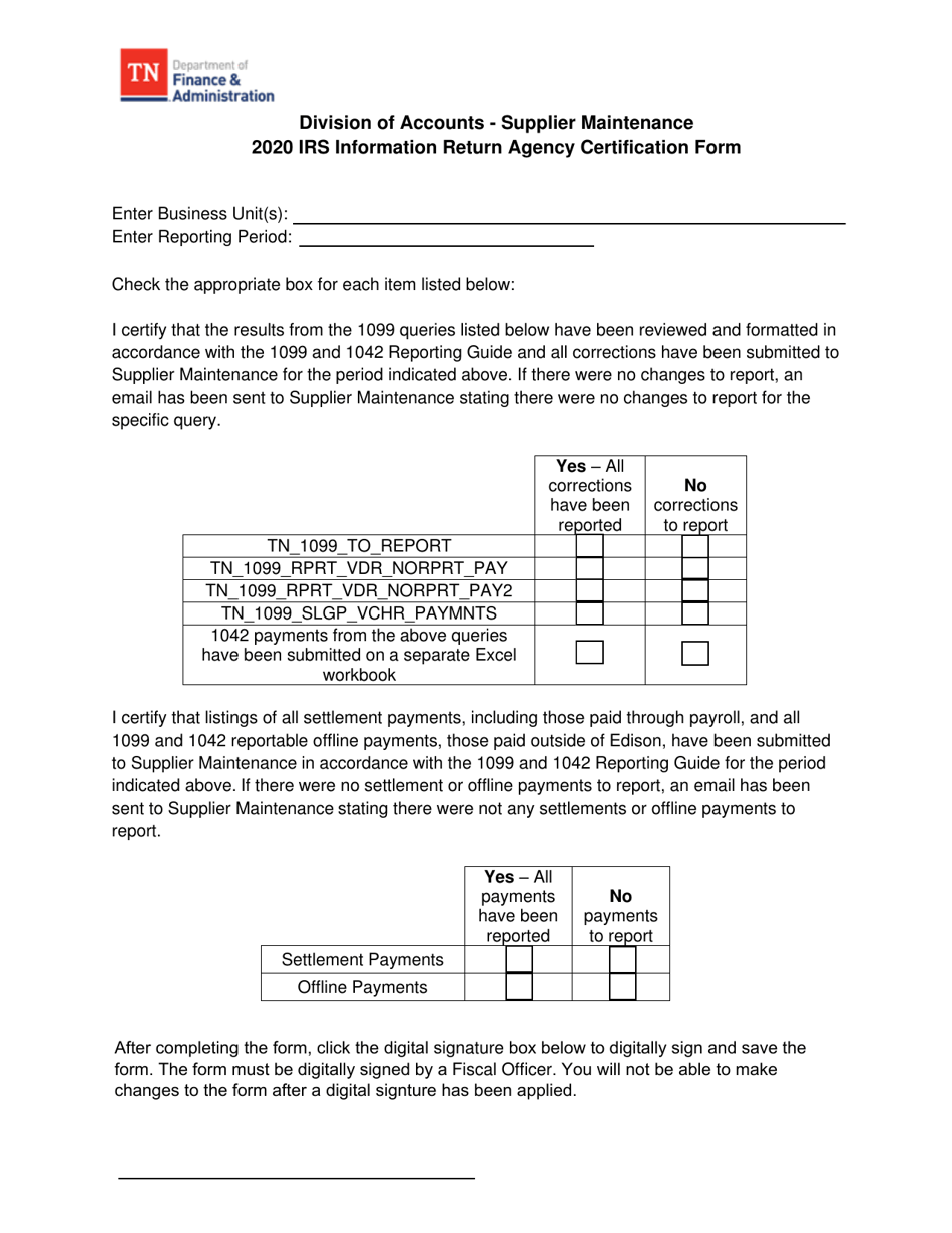 IRS Information Return Agency Certification Form - Tennessee, Page 1