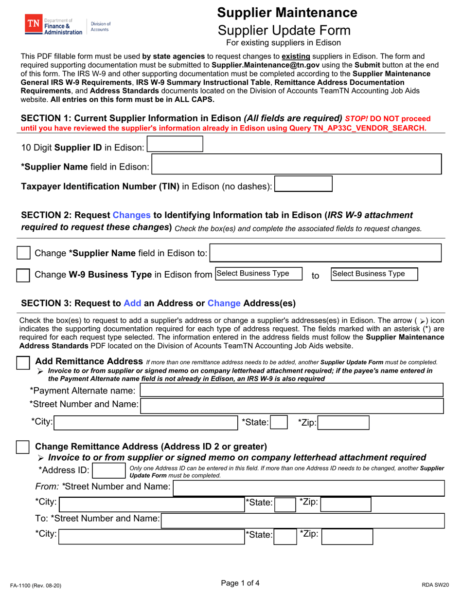 Form FA-1100 Supplier Maintenance Supplier Update Form - Tennessee, Page 1