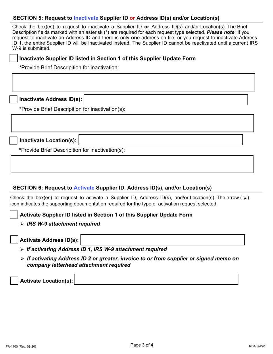 Form FA-1100 Supplier Maintenance Supplier Update Form - Tennessee, Page 3