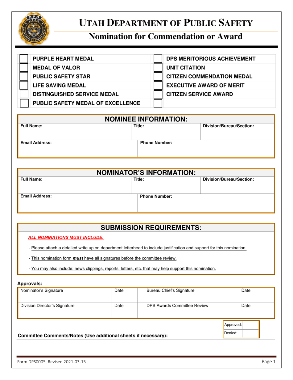 Form DPS0005 Nomination for Commendation or Award - Utah, Page 1
