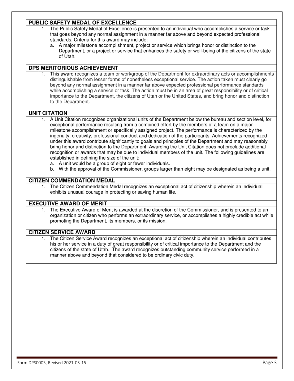 Form DPS0005 Nomination for Commendation or Award - Utah, Page 3