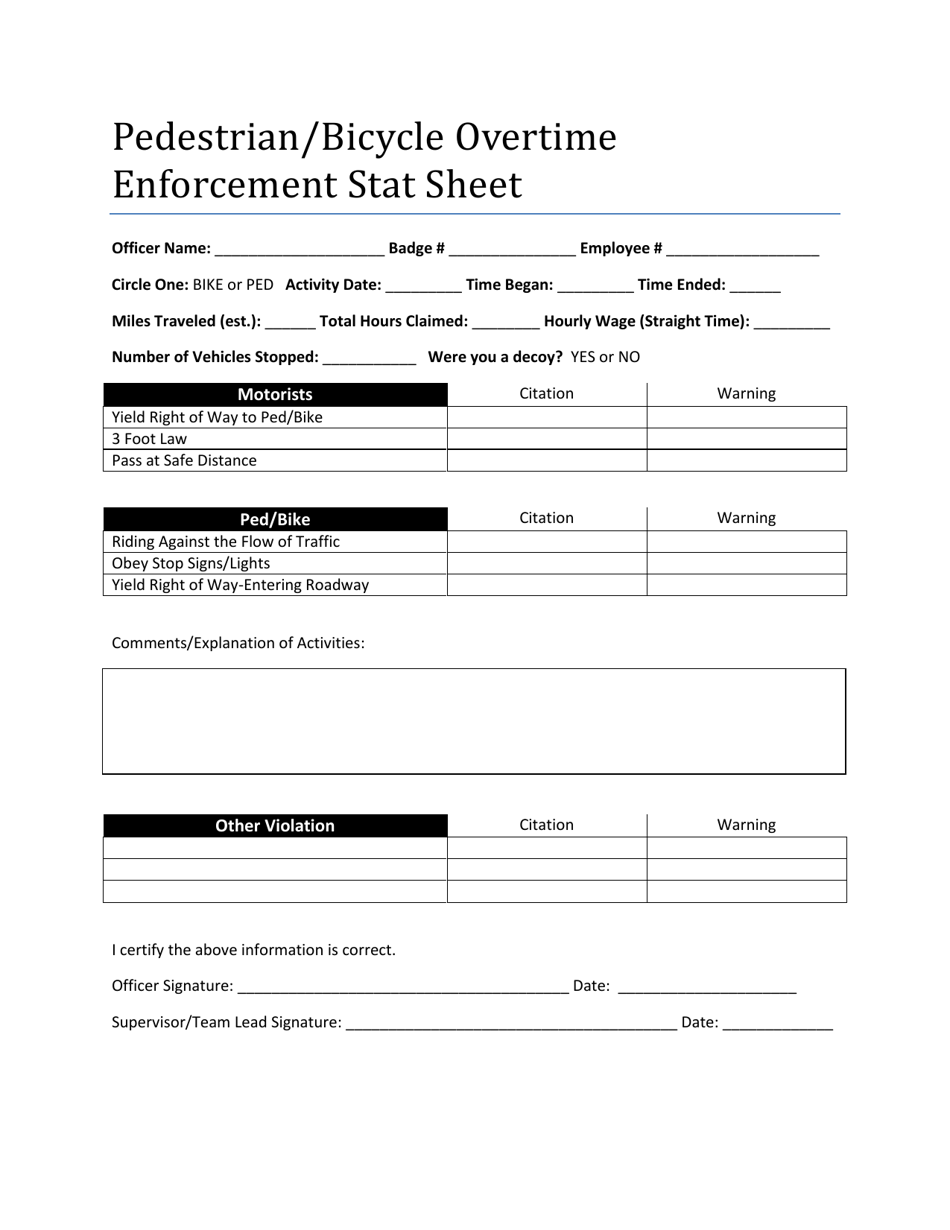 Pedestrian / Bicycle Overtime Enforcement Stat Sheet - Utah, Page 1